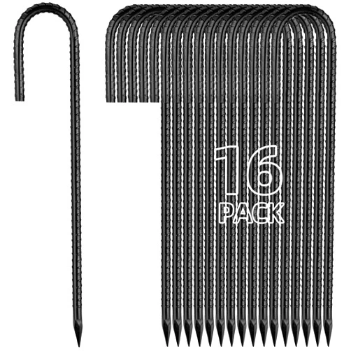 Besitu 12 Inch Rebar Stakes J Hook Ground Stakes 16-Pack Heavy Duty Galvanized Chain Link Fence Stakes Metal Tent Stakes for Outdoor Lawn Decorations Inflatables Canopy Swing Set