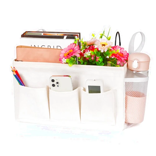 Lilithye Bedside Caddy Bedside Organizer Bedside Storage Caddy with Fixed Straps and Water Bottle Holder for Home College Dorm Bunk Bed Hospital Bed Crib Bed Rails (White)
