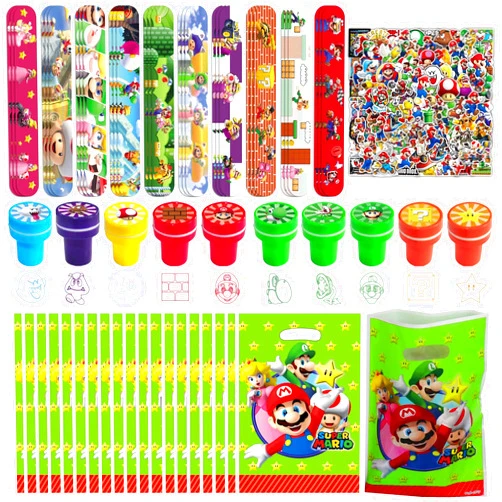 CVCXFParty 110 Pcs Mario Party Favors, Mario Birthday Decorations, Super Inspired Mario Birthday Party Supplies, Included Slap Bracelets, Plastic Mario Bags, Mario Stickers, Kids Stamps for Goodie Bag Stuffers
