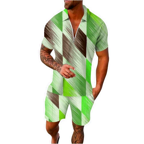 Generic Men‘s Casual Check Print Two Piece Suit Zipper Short Sleeve Top Blouse Suit Drawstring Pocket Short Set Italian Men Suit