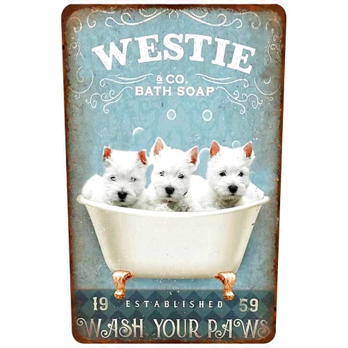 MATLPATS Metal Tin Sign Dog Retro Metal Tin Sign Westie Co.Bath Soap Wash Your Paws Funny Poster Cafe Bathroom Toilet Living Room Kitchen Home Art Wall Decoration Plaque Gift 12x8 Inch