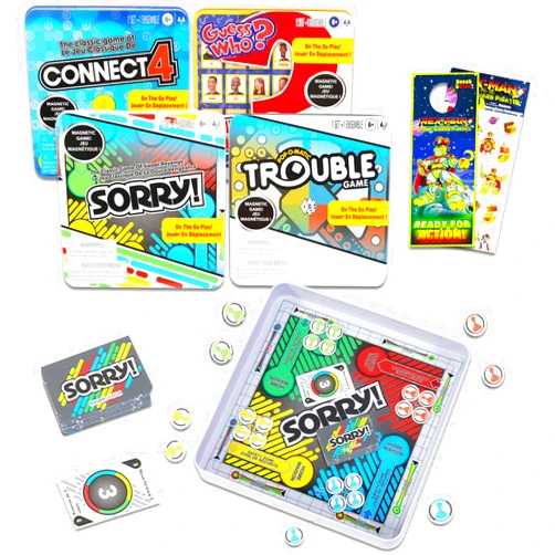 Hasbro Gaming Magnetic Game Travel Set for Kids - Bundle with 4 Travel Games in Tin Featuring Connect 4, Sorry, Trouble, Guess Who Plus Stickers | Travel Games for Kids 8-12