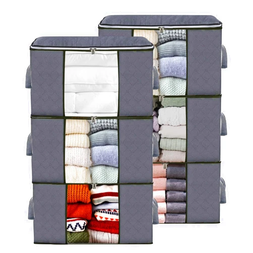 BiCINE 6 Pack Clothes Storage Bags, 90L Foldable Blanket Storage Bins for Closet Organizers Storage Containers for Organizing Bedroom, Closet, Clothing, Comforter, Storage with Lids and Handle