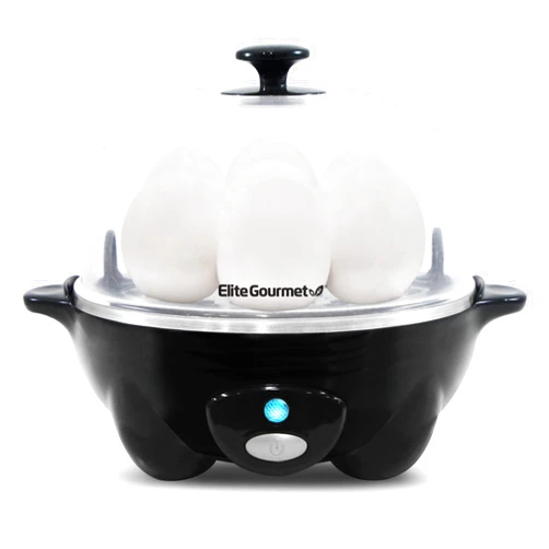 Elite Gourmet EGC-007B# Rapid Egg Cooker, 7 Easy-To-Peel, Hard, Medium, Soft Boiled Eggs, Poacher, Omelet Maker, Auto Shut-Off, Alarm, 16-Recipe Booklet, Black