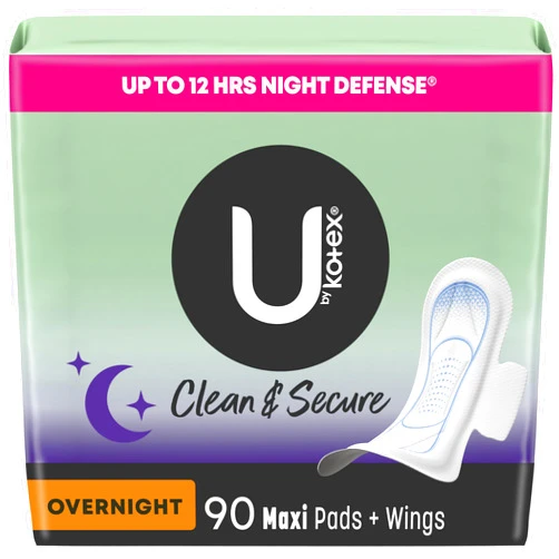 U by Kotex Clean & Secure Overnight Maxi Pads with Wings, 90 Count (3 Packs of 30) (Packaging May Vary)