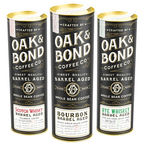 Oak & Bond Coffee Co. Barrel Aged Coffee 3 Pack Bundle: Scotch Whisky, Bourbon, Rye Whiskey - 30oz. Whole Coffee Bean