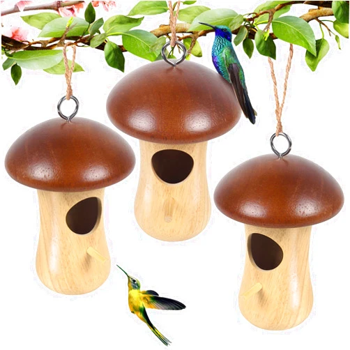 LOTKEY Hummingbird House,2023 New Mushroom Wooden Hummingbird Houses for Outside for Nesting, Gardening Gifts,Home Garden Decoration,3 Pack