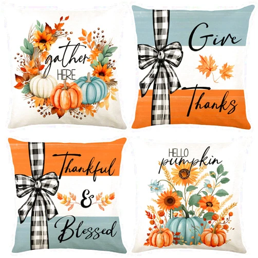 Ni-JASW Teal Orange Fall Throw Pillow Covers 18x18 inch Set of 4, Pumpkin Buffalo Plaid Cushion Case for Sofa Couch, Autumn Thanksgiving Decor