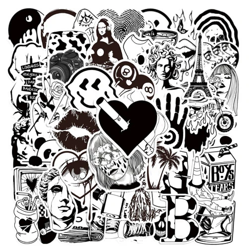 Kingmagnate 50pcs Gothic Art Stickers Pack, Black and White Skull Stickers for Water Bottle Laptop Luggage Skateboard Planner Scrapbooking, Waterproof Vinyl Horror Decals for Teens Adults (Black and White Art)