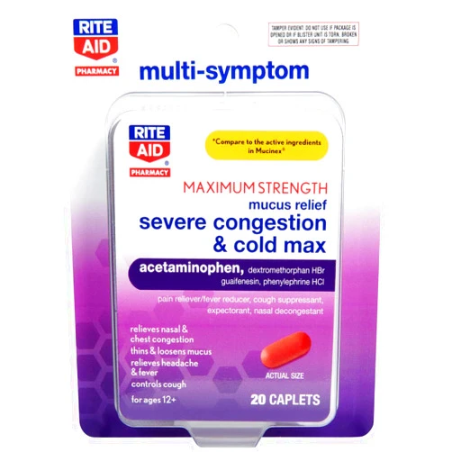 Rite Aid Mucus Relief Severe Cold and Congestion Maximum Strength - 20 Caplets | Cold Relief | Decongestant | Cold Medicine for Adults