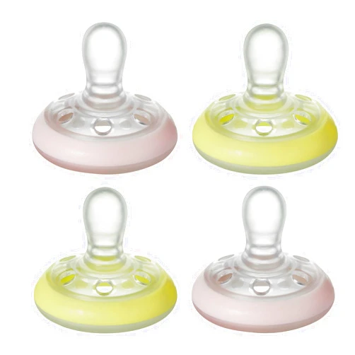 Tommee Tippee Breast-like Night Pacifier, 0-6 Months with Breast-like Shape and Glow in The Dark Technology, 4-Count, Pink/Yellow
