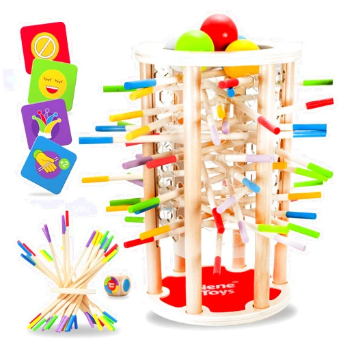 Nene Toys BALLFALL, 4-in-1 Montessori Game with Colorful Sticks, Dice & Cards for Kids 3+ Years Old - Wooden Tower Game for Boys Girls Ages 3-9, Educational Family Game for Cognitive Development