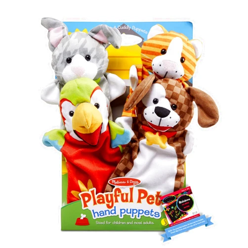 Melissa & Doug﻿ Playful P e t s : 4-Piece Hand Puppets Gift Set Bundle with 1 Theme Compatible M&D Scratch Fun Mini-Pad (09084)