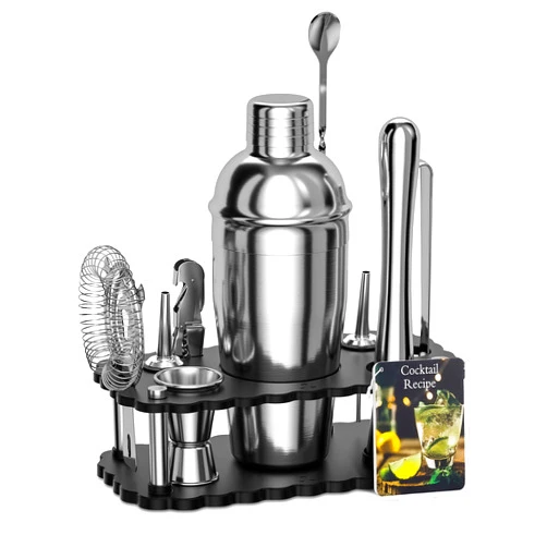 Bokhot Bartender Kit, Mixology Bar Set Cocktail Shaker Set with Stand - Bar Tools Set: 25 oz Martini Shaker, Jigger, Muddler, Ice Tongs, Strainer, Liquor Pourers, Spoon, Corkscrew, Cocktail Brochure