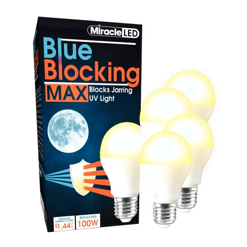 Miracle LED 12W Blue Blocking MAX Warm Yellow Sleep Bulb Replacing Up to 100W to Replicate Setting Sun and Produce Melatonin Organically (4-Pack),Amber Glow,609020