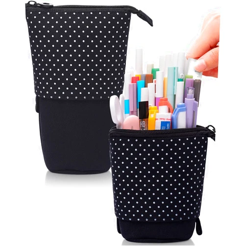 Sooez Pop Up Pencil Case, Cute Stand Up Durable Pen Pouch, Telescopic Kawaii Standing Spacious Pencil Pouch Portable Pencil Holder Bag for School Office (Black)