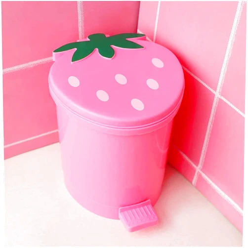 BxuxJar Strawberry Trash Can with Lid Cute Desk Trash Can Plastic Strawberry Garbage Can for Bedroom Small Kawaii Trash Can with 5 Rolls of Garbage Bags