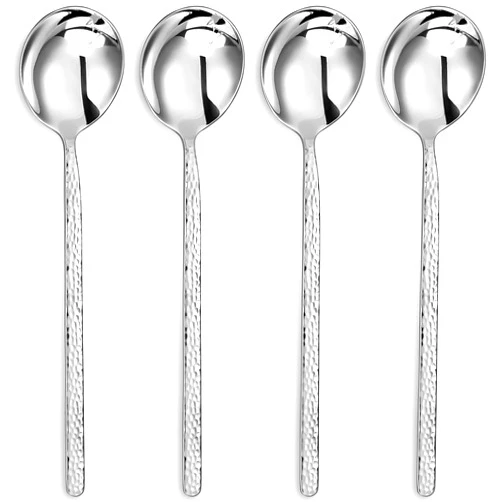 KEAWELL Premium Korean Soup Spoons with Long Handles, Set of 4, 18/10 Stainless Steel, Dishwasher Safe (Hammered)