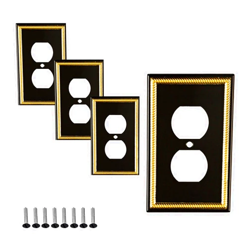 SLEEKLIGHTING Pack of 4 Wall Plate Outlet Switch Covers by SleekLighting | Decorative Zinc Cast Black and Gold| Variety of Styles: Rocker/Receptacle/Toggle / & Combo | Size: 1 Duplex