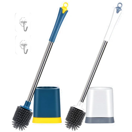 TUUGOTOUU Silicone Toilet Bowl Brush and Holder 2 Pack Long Handle Toilet Brush for Bathroom with Free-Standing Ventilated Holder and Flexible Silicone Toilet Brushes for Toilet Cleaning (Blue/White)