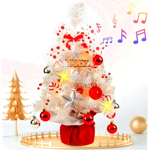 BSTDECOR Mini Christmas Tree, Tabletop Small White Christmas Tree Prelit Flocked Christmas Tree with Lights Music Artificial Christmas Tree with Xmas Ornaments Christmas Decorations Indoor Outdoor for Home