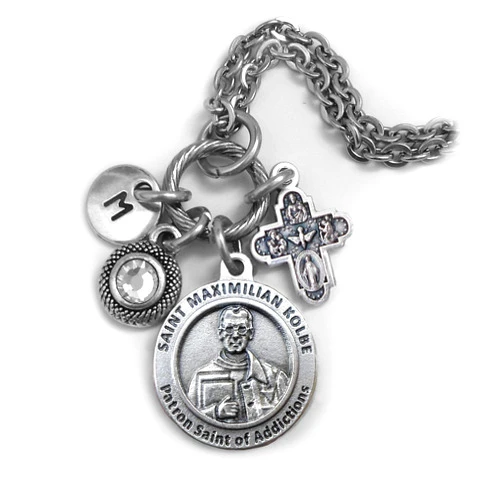 Handmade Patron Saint of Addictions, Clip, Keychain or Necklace, St. Maximilian Kolbe Charm Necklace, Sobriety, Recovery, Personalized with Initial and Birthstone Crystal