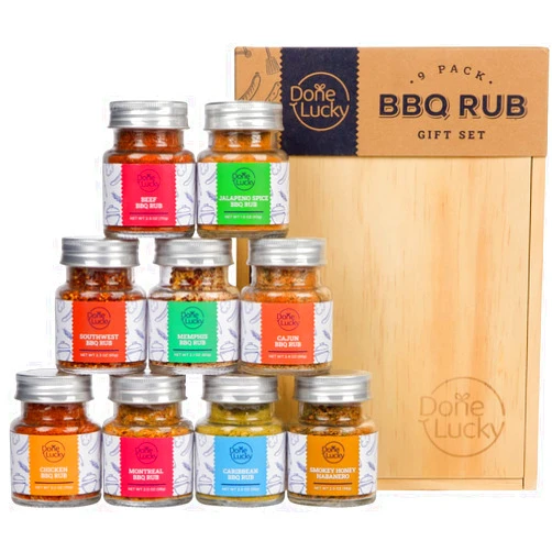 Done Lucky BBQ Rub Gift Set - Spice Gift Set in Premium Wooden Box - Great Grilling Gift for Father’s Day, Christmas, Birthday for Him, Dad, Men, or Her - Unique Barbecue Seasonings (Set of 9)