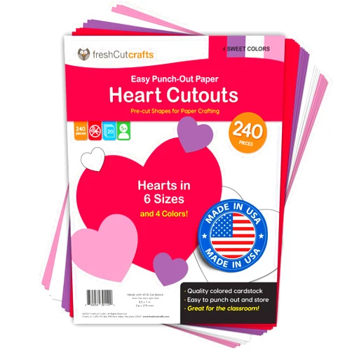 FreshCut Crafts 240 Pieces Heart Paper Cutouts, 2-Sided US Made Card Stock Punch Out Sweet Colored Hearts for Valentine’s Day Crafts, Bulletin Boards, Classroom Decor, and Posters 4 Sweet Colors