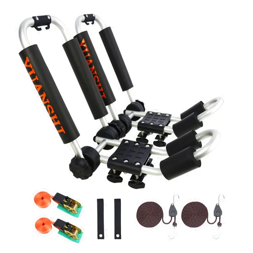 YUANSHI Upgraded Universal Folding Kayak Rack, J-Bar Carrier for Canoe Boat SUP Ski, Mount on Car Roof Top Crossbar, Includes 4 Ratchet Straps, 2 Anchor Straps (1 Pair, Aluminum)