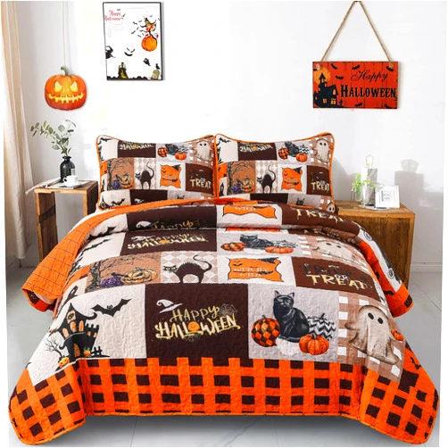 Menghomeus Halloween Quilt Set Queen Orange Cartoon Patchwork Bedspread Pumpkin Ghost Festival Themed Bedding Set for Boys Girls 3 Piece Decorative Quilted Set with 2 Pillow Shams
