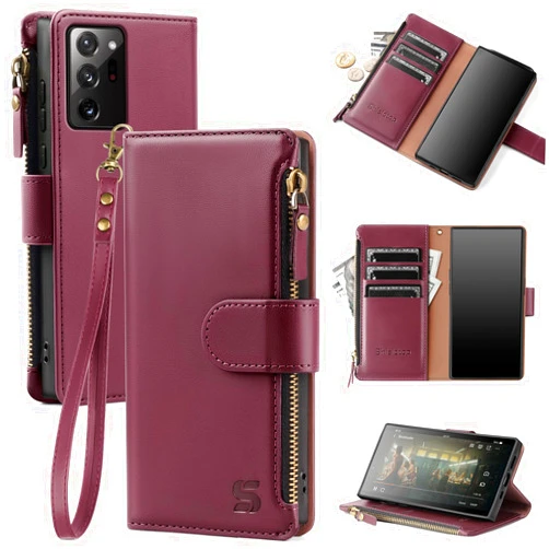 Shieldtop Compatible with Samsung Galaxy Note 20 Ultra Wallet Case with Card Holder,PU Leather Phone Case Flip Protective Cover Wrist Strap Zipper Credit Card Slots RFID Blocking Women Men,Wine Red