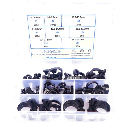 YNEGSDE 8 Size Heavy Duty Ratcheting Hose Clamp 6.1-26.1mm Adjustable Speedy Double Snap Grip Nylon Plastic Hose Clamp 68PCS (Black)