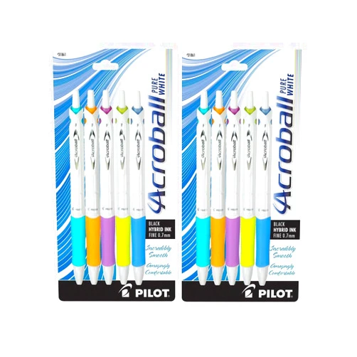 Pilot Acroball PureWhite Retractable Advanced Ink Ball Point Pens; Fine Point, Black Ink, Turquoise/Orange/Purple/Lime/Blue Accents, 2 Of Each (10 Pack)