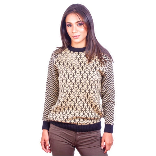 INTI ALPACA Alpaca Jumper for Women – Black and Beige Crewneck Sweater for Winter