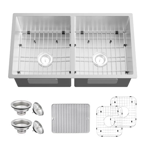 FAUENPEEY Kitchen Sink, 50/50 Double Bowl 33x19x8 Inch Undermount Stainless Steel Drop In Large Kitchen Sink Combo-Stainless Grid, Silicon Mat, Installation Clips For Modern SS Stylish Kitchen&Bar