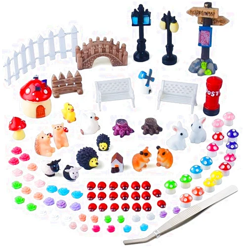 Zealor 100 PCS Mini Fairy Garden Accessories Kit Outdoor Mushroom Tiny Animal Miniatures Garden Figurines Landscape Ornaments for Bonsai Terrarium House Plant Party Decoration Supplies