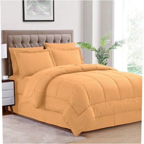 GONOVE 5 Piece Box Stitched Striped Comforter Set Super Soft 100% Egyptian Cotton Quilt Cover, 1000 Thread Count - (Full/Queen Size, Sand) 550 GSM Filling