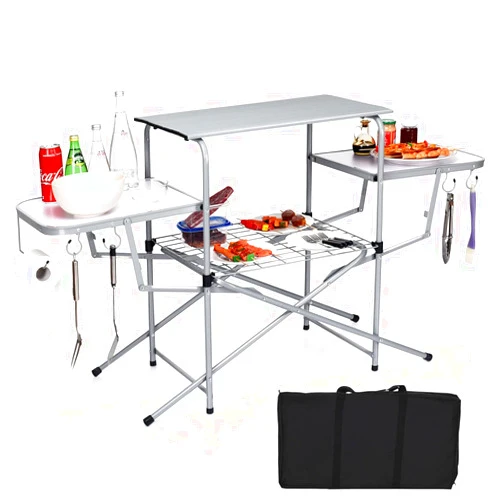 Tangkula Folding Grill Table, Aluminum Camping Kitchen Table with Cook Station, Hooks, Portable Camp Cook Table with Storage Organizer Shelves, Carrying Bag, Ideal for Picnic, BBQ, Party, Outdoor