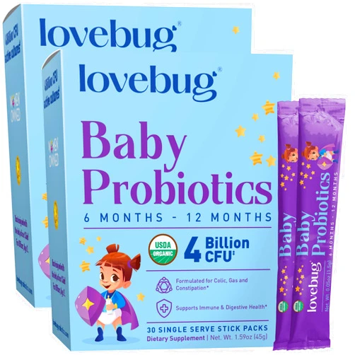 Lovebug PROBIOTICS Lovebug Award Winning USDA Organic Probiotic for Babies | Multi-Strain 4 Billion CFU | Easy-to-Take Powder | Sugar Free | Ages 6-12 Months | 60 Packets