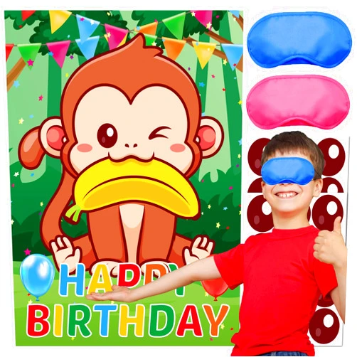 HANPLK Jungle Safari Animal Monkey Birthday Party Decorations, Wild Monkey Birthday Party Supplies Pin Game, Large Poster for Wall Home Room