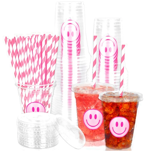 Whaline 50Pcs Pink Smile Face Disposable Plastic Cups with Lids and Straws 12oz Party Cups Preppy Happy Face Cold Beverage Drinking Cup for Birthday Party Baby Shower Wedding