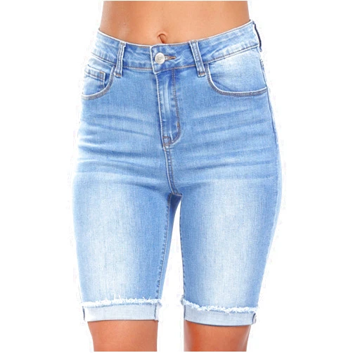 WAYRUNZ Denim Shorts Women Mid Waisted Folded Hem Jean Shorts