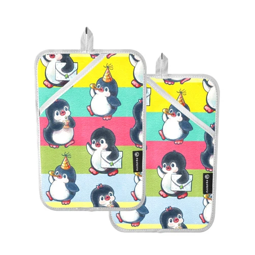 Lotupokon Cute Penguins Birthday Pot Holders for Kitchen 2pcs Heat Resistant Oven Mitts Hot Pads with Pockets Large Potholders for Baking Cooking Women Men Home Decor