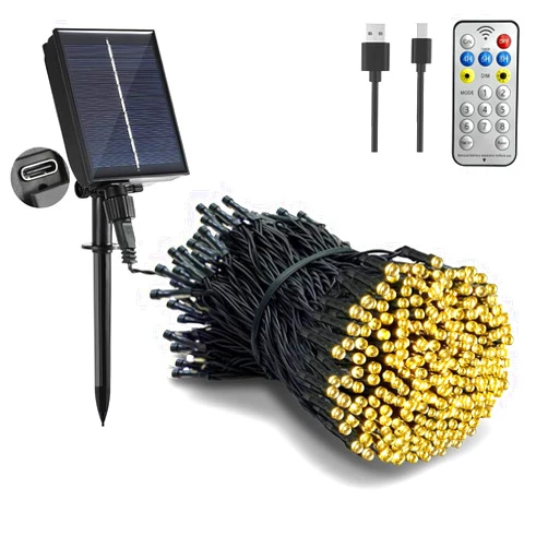 MERRIMAX M Solar String Lights Outdoor - 65Ft/20m 200 LED Solar Powered String Lights, USB Charging, Remote, 8 Modes Waterproof Lights for Garden, Yard, Tree Decor- Warm White