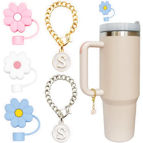 Altally 3PCS Straw Cover for Stanley Cup 30&40 Oz 10mm Flower Silicone Straw Topper Protector Lid with 2PCS Initial Personalized Letter Charm Stanley Tumblers Accessories (3pcs flowers+2pcs letter S)