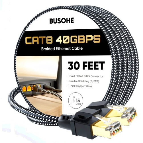 BUSOHE Cat 8 Ethernet Cable 30 FT, High Speed 40Gbps 2000Mhz Braided Network Internet Cable with Gold Plated RJ45 Connector, Heavy Duty LAN Cable S/FTP UV Resistant for Router/Gaming/PC, 15 Clips