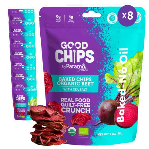 Good Chips by Paramo Snacks Baked Organic Beet Chips by GOOD CHIPS! 100% Natural, Oil Free, Only Two Ingredients: Organic Beets and Sea Salt. 1 oz Bags, Pack of 8