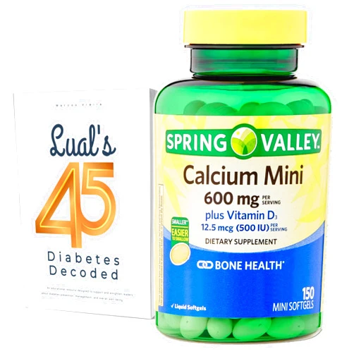 LUAL Calcium Supplement 600 mg with Vitamin D3 | Small Calcium Pills | Calcium Softgels | Lual's 45 Diabetes Decoded Bundle + Spring Valley Calcium Plus Vitamin D3 Supplement, 150 Mini Softgels