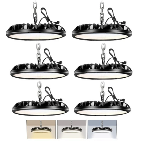 Paideste 100W UFO LED High Bay Light 3 Color Temperatures Adjustable, 6 Pack High Bay Shop Light 3000K/4500K/6500K,Commercial Bay Lighting with Plug & Hanging Chain,for Warehouse Garage Barn