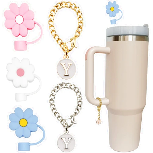 Altally 3PCS Straw Cover for Stanley Cup 30&40 Oz 10mm Flower Silicone Straw Topper Protector Lid with 2PCS Initial Personalized Letter Charm Stanley Tumblers Accessories (3pcs flowers+2pcs letter Y)